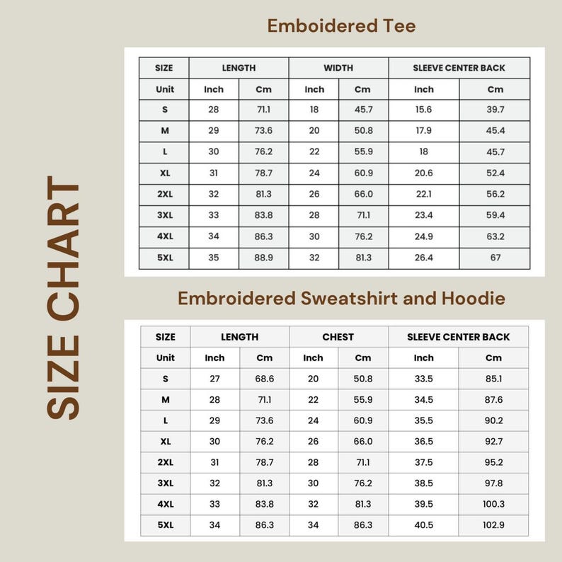May include: Size chart for embroidered tees and sweatshirts. The chart shows the size, length, width, chest, and sleeve center back measurements in inches and centimeters.