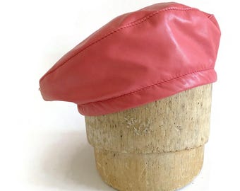 Discounted Sale, Fashion Beret in Coral Leather, Leather Cap