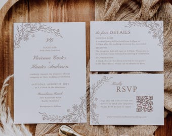 Elegant Floral Wedding Invitation Suite, Wedding Invitation Template, Modern Wedding Invite Set, Editable Floral Wedding Invitation Bundle