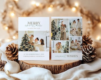 May include: A Christmas card featuring a photograph of a family decorating a Christmas tree. The card reads "Merry Christmas & Happy New Year" and "The Jacobson Family | 2024 Carter, Isabelle, and Keagan". The reverse side of the card has a collage of family photos and reads "Warmest Wishes".
