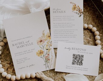 Rustic Country Floral Wedding Invitation, Editable Rustic Wedding Invitation, Wedding Invitation Suite, Customizable Wedding Invite Set
