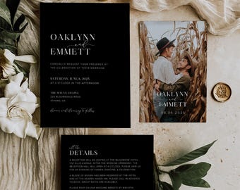 Rustic Black Wedding Invitation Suite, Wedding Invitation Template, Editable Wedding Invite Set, Black Wedding Invitation, Instant Download