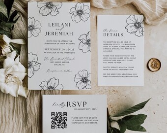 Floral Linework Wedding Invitation Template, Editable Floral Wedding Invitation Set, Customizable Wedding Invite, Wedding Invitation Bundle