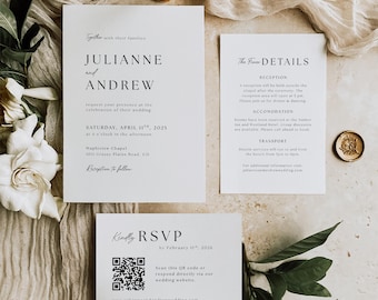 May include: Elegant wedding invitation suite featuring three cards with the names "Julianne and Andrew" and event details. Includes an RSVP card with a QR code, a gold wax seal, and a gold pen. The cards are on a neutral fabric background.