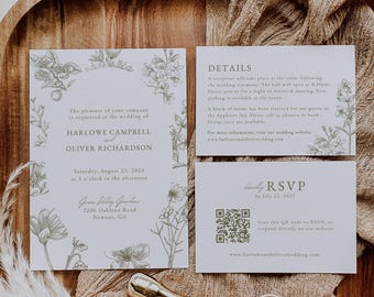 Può includere: Invito di nozze con illustrazioni floreali verdi. L'invito include i nomi Harlowe Campbell e Oliver Richardson, la data, l'ora e il luogo. Sono inclusi anche un biglietto di dettagli e un biglietto RSVP con codice QR. Sono presenti un sigillo e un timbro di cera dorata.