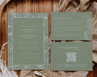 Floral Sage Wedding Invitation Suite, Soft Wedding Invitation Template, Editable Sage Wedding Invite, Customizable Wedding Invitation Bundle