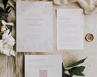 Op de afbeelding: Elegante trouwuitnodigingssuite met een bloemmotief in zachtroze. De suite bevat een uitnodiging, een detailskaart en een RSVP-kaart. De uitnodigingstekst luidt "ALESSANDRA en CHRISTIAN" en de datum "16.06.2025". Een gouden zegel en een gouden pen zijn ook zichtbaar.