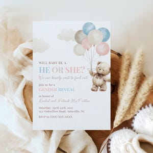 Modèle d'invitation de révélation de sexe d'ours en peluche, modèle d'invitation de révélation de sexe modifiable, modèle d'invitation de révélation de sexe, ours avec des ballons