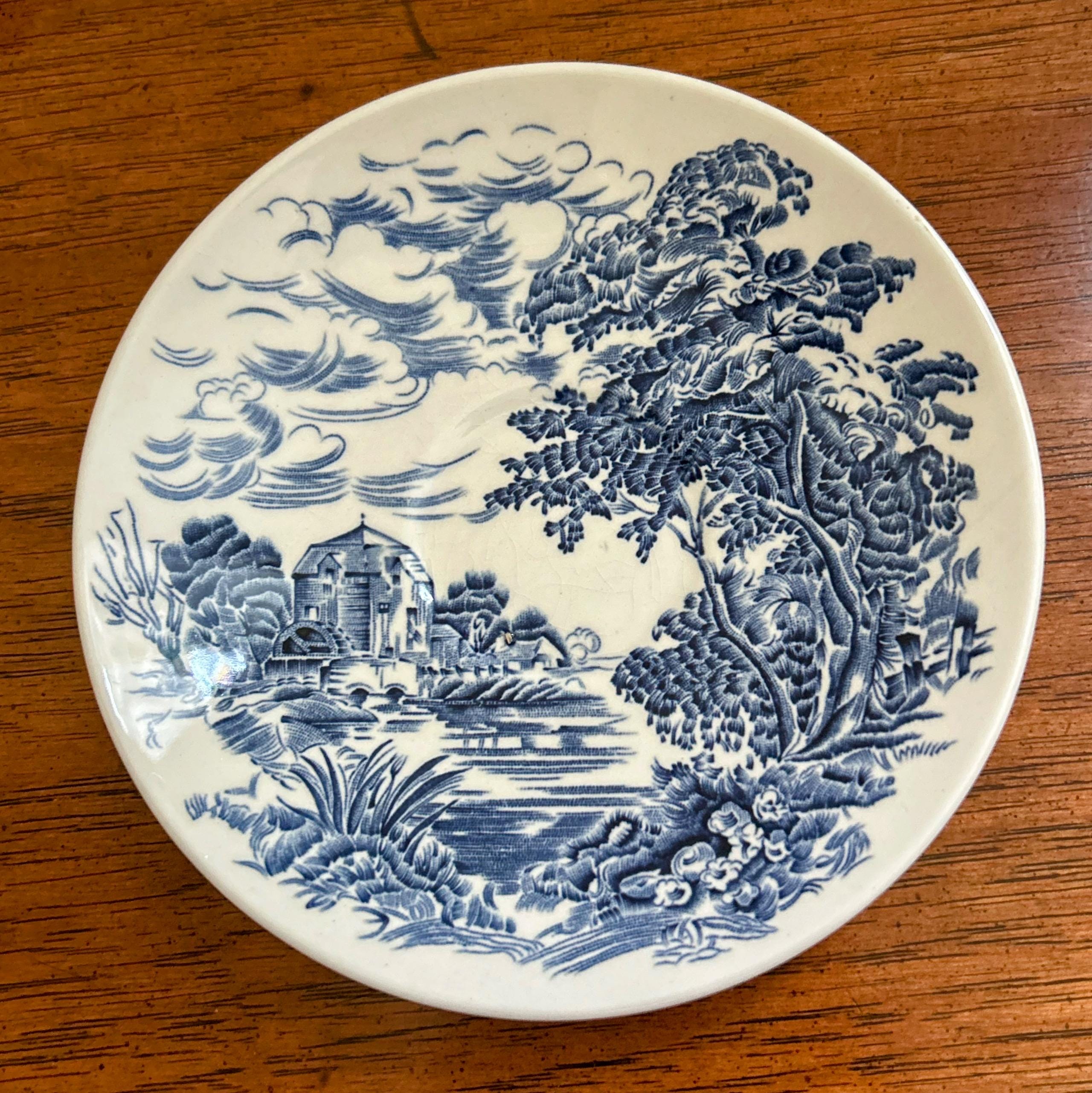 Vintage Wedgwood China Saucer - Blue Countryside Pattern - Cottagecore Decor
