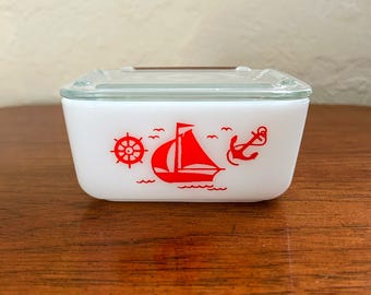 Vintage McKee Milk Glass Refrigerator Box: &#39;Ships Red&#39; Nautical Decor
