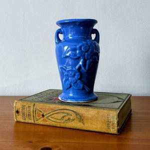 以下が含まれることがあります： コバルトブルーのセラミック花瓶。2つのハンドルとエンボス加工された花の模様があります。花瓶は、金色の文字と魚のイラストが描かれたヴィンテージの本の上に置かれています。花瓶は装飾品です。