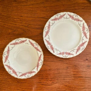 Puede incluir: Dos platos de cerámica blanca con un diseño de hojas de helecho rosa y ribete dorado. Uno es un cuenco poco profundo y el otro es un plato más grande. Los platos están sobre una superficie de madera oscura.