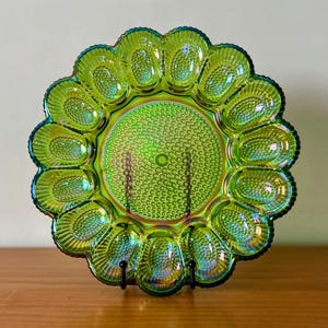 Vintage Carnival Glass Deviled Egg Plate | Indiana Glass Company Serving Platter | Iridescent Green Hobnail