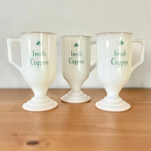 Set of 3 Vintage Irish Coffee Mugs | White Milk Glass with Green Shamrock Accents and Gold Trim