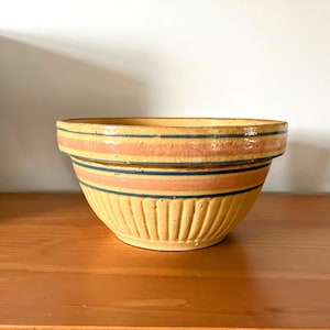 Antique Yellow Ware Mixing Bowl: Salt Glazed Pink & Blue Stripes