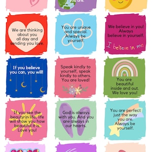 May include: A colorful collage of inspirational quotes on square backgrounds. Each square features a different message in white text, with various illustrations like hearts, stars, and rainbows. The overall theme is positive and encouraging.