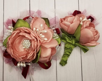 Burgandy and blush Dance corsage and boutonniere