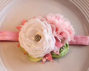 White,pale pink and green headband