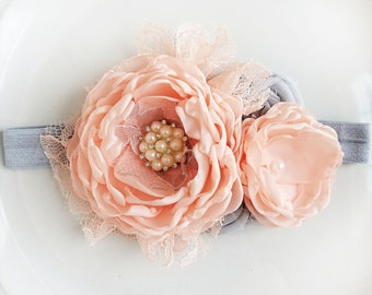 Peach and gray flower headband