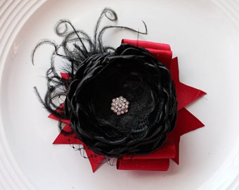 Black with Red bow flower clip