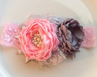 Lacey couture pink and gray headband