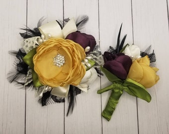 Gold and plum corsage and boutonniere set