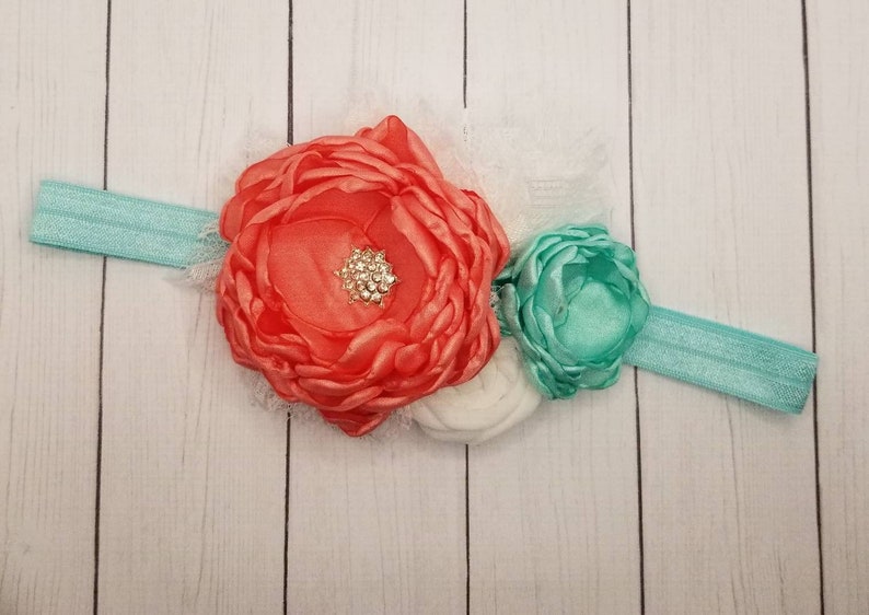 Soft coral and mint headband image 1