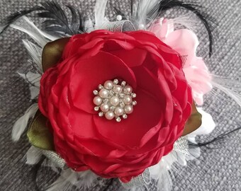 Prom wedding day corsage red pink white and black