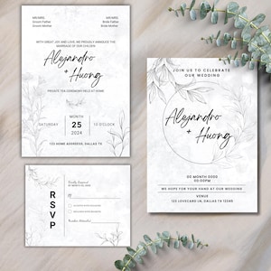 Leaves Wreath Wedding Invitation Template: Bilingual Spanish, Vietnamese, English (Canva Pro Template)