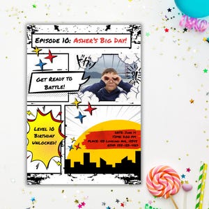 Convite de Aniversário com História em Quadrinhos | Modelo Editável para Festa de Mangá | Download Digital para Imprimir para Crianças | Modelo Canva Pro