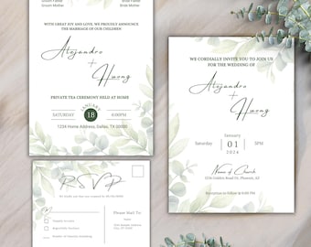 May include: A wedding invitation suite with a green and white floral design. The invitation features the names "Alejandro + Huong" and the date "January 1, 2024". The RSVP card includes a place to indicate whether the guest will be attending and a mailing address.
