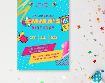 Retro 90s Birthday Invitation: Neon Party, Editable Canva Template (Digital Download)