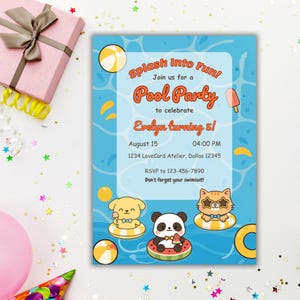 May include: A blue pool party invitation with the text "Splash Into Fun!" and "Pool Party". The invitation includes the date, time, and RSVP information. Cute cartoon animals float in inner tubes. A pink gift box and a pink balloon are in the background.