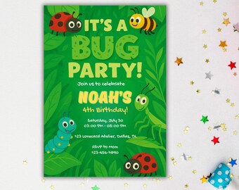 May include: A vibrant green invitation for a bug-themed birthday party. The design features cartoon insects, including a ladybug, bee, and caterpillar, with the text "IT'S A BUG PARTY!" and details for Noah's 4th birthday.