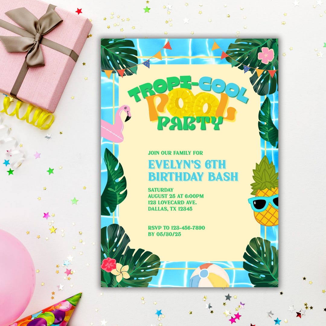 Tropical Pool Party Invitation: Editable Canva Template (mobile ...