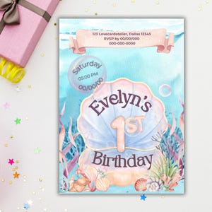 Ocean Seashell 1st Geburtstagseinladung: Bearbeitbar druckbar (Canva Pro Template)