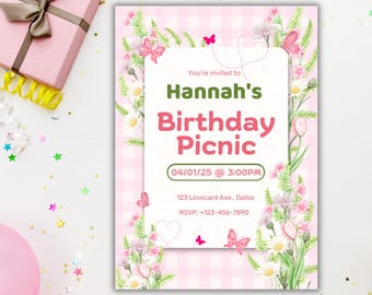 Floral Pink Gingham | Editable Canva Template | Picnic Birthday Invitation | Free Canva | Spring Party Printable