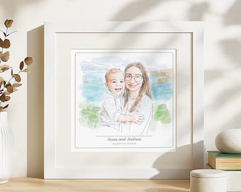 Custom Watercolor Mother and Child Portrait, Hand-Drawn Family Illustration from Photo, Personalized Keepsake, Mother’s Day Gift