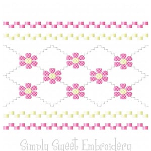 May include: Embroidery design featuring a pink and white checkered pattern with yellow flowers. The design is surrounded by two rows of pink and white checkered borders and two rows of yellow borders. The text "Simply Sweet Embroidery" is at the bottom of the design.