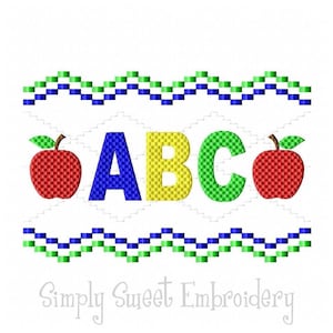 May include: Embroidered design featuring the letters ABC in blue, yellow, and green, with red apples on either side. The design is framed by a blue and green border and the text "Simply Sweet Embroidery" is below.