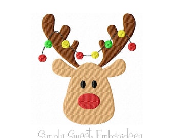 Reindeer Head with Christmas Lights Mini Machine Embroidery Design- 6 sizes