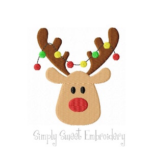 Reindeer Head with Christmas Lights Mini Machine Embroidery Design- 6 sizes