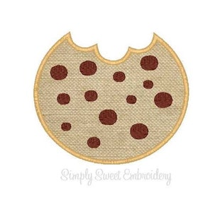 May include: A brown chocolate chip cookie with a bite taken out of it. The cookie is embroidered with brown chocolate chips.