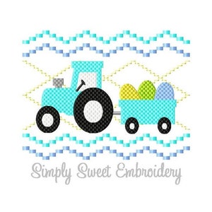 May include: A blue tractor with a wagon full of colorful Easter eggs. The tractor has a black wheel and the wagon has two black wheels. The image is surrounded by a blue and yellow wavy border. The text "Simply Sweet Embroidery" is below the tractor.
