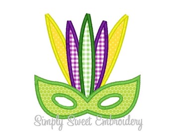 May include: Green Mardi Gras mask with yellow, green, and purple feathers. The mask has a dotted pattern and the feathers have a checkered pattern.  Simply Sweet Embroidery.
