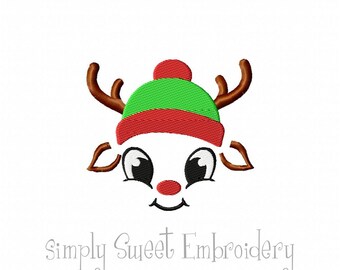 Reindeer with Santa Hat Machine Embroidery Mini Design