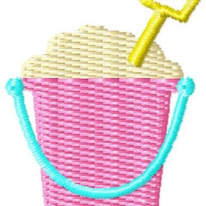 May include: A pink plastic bucket with a blue handle and a yellow plastic shovel. The bucket is filled with sand.