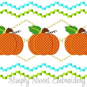 May include: Three orange pumpkins with green leaves and stems, arranged in a row against a white background. The pumpkins are surrounded by a decorative border of blue and green zigzags. The text "Simply Sweet Embroidery" is at the bottom of the image.