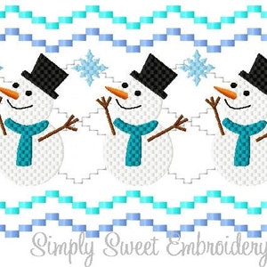 May include: Three white snowmen with black top hats and blue scarves are standing in a row. They are each holding up one arm and have a small orange carrot nose. The snowmen are against a white background with a blue and turquoise wavy pattern above and below them. The text "Simply Sweet Embroidery" is at the bottom of the image.
