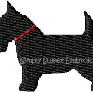 Puede incluir: Silueta negra de un perro terrier escocés con un collar rojo. El perro está de pie sobre un fondo blanco. Simply Sweet Embroidery.